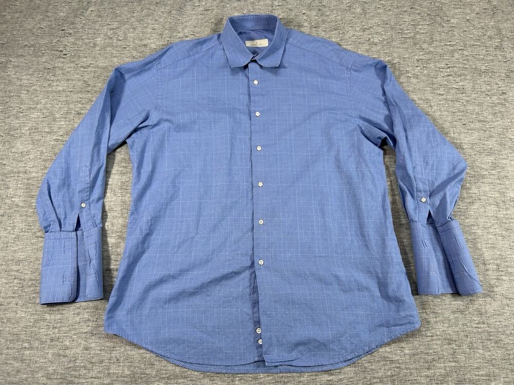 Ermenegildo Zegna Dress Shirt Mens 41 16 S Blue Plaid Long Sleeve Button-Up